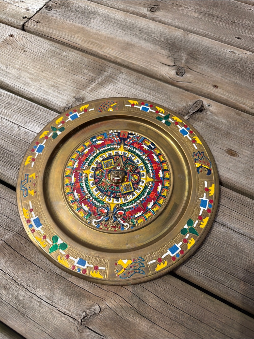 Vintage Aztec Sun Calendar Brass Wall Plate 11" Hand Painted Mexican Decor